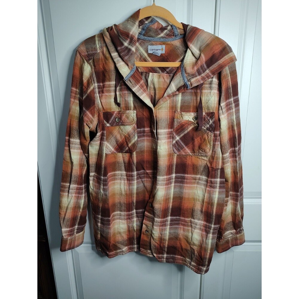 Carhartt Hooded Plaid Flannel Shirt Womens XXL Brown Workwear Gorpcore